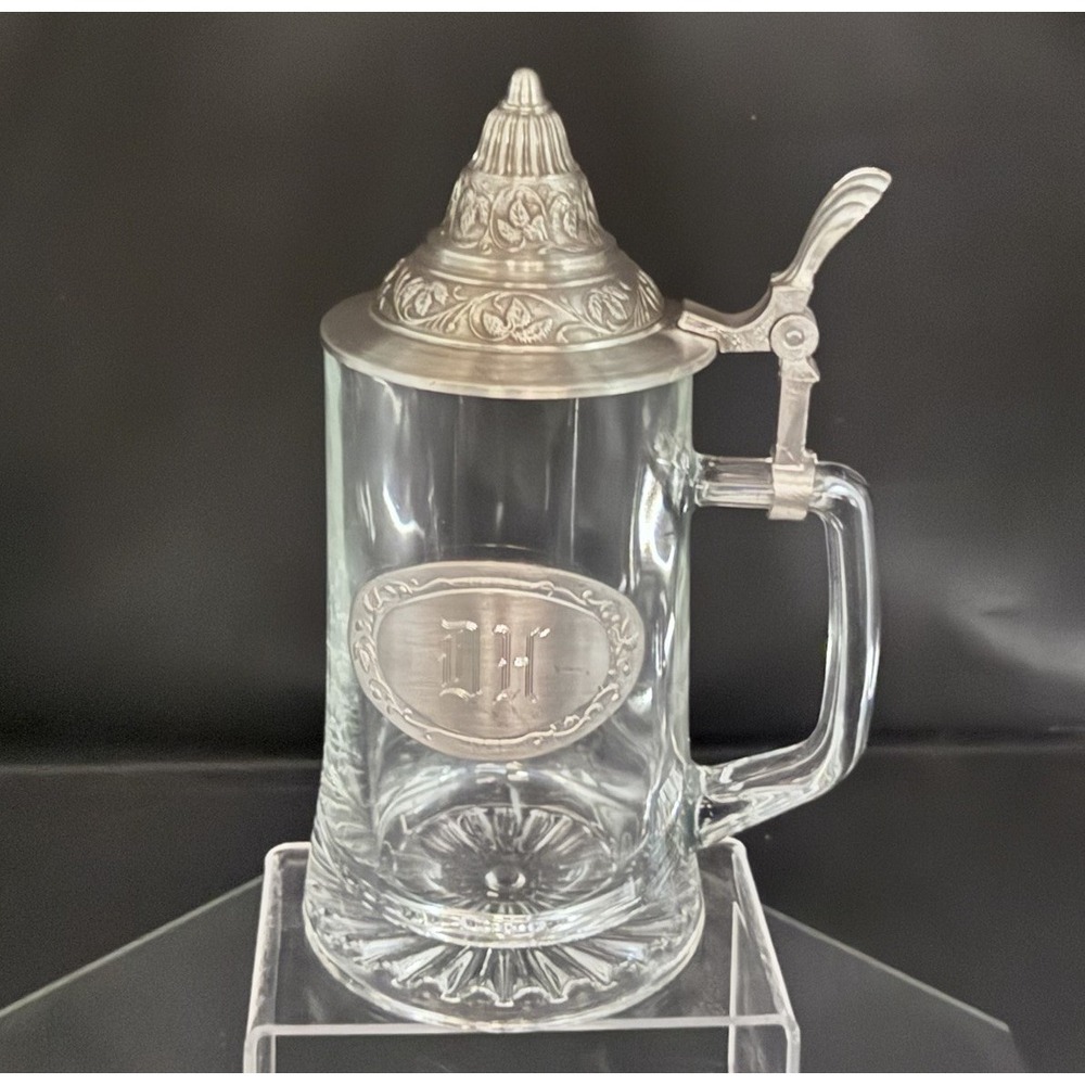 German Beer Stein Glass & Satin Finish Pewter Engraved DH EUC